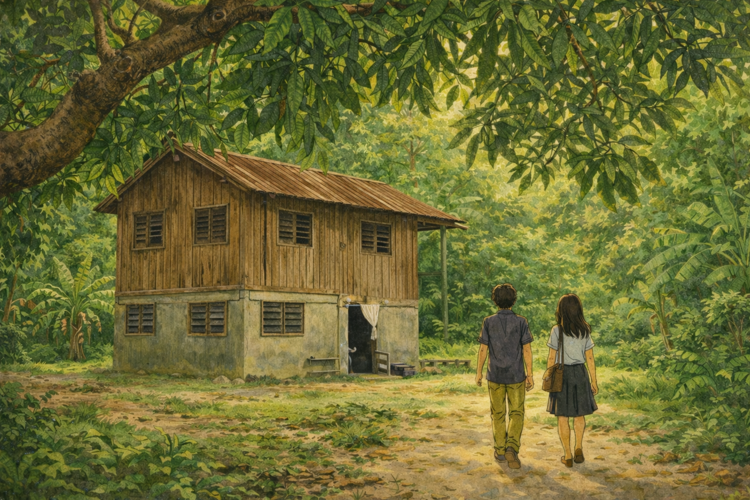 Wide scene — Kampung Mandawang, a sabahan jungle village. An old house on stilts surrounded by greenery, a lemon tree and mango tree. Two figures walk toward it.